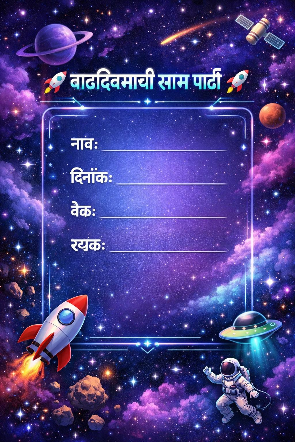 Space Theme Marathi Birthday Card