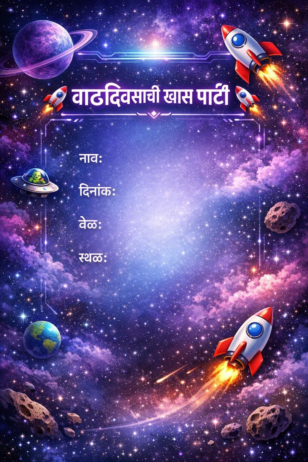 Space Theme Marathi Birthday Card